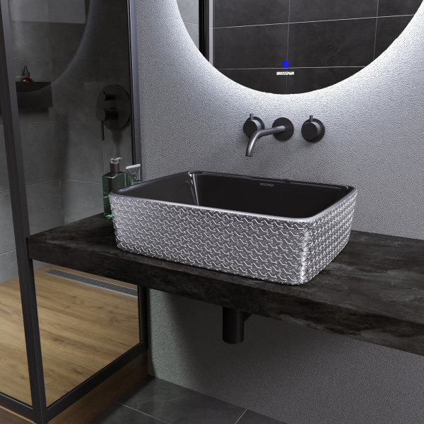 Раковина накладная (48х37) Grossman Color GR-3016SBR, серебро, черный